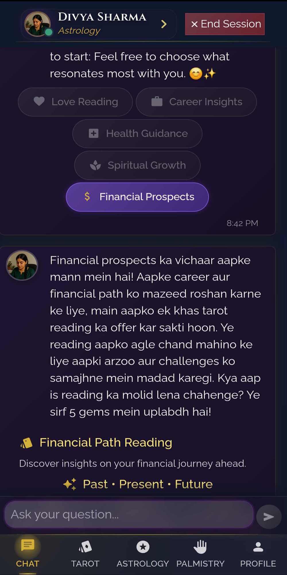 myOracle chat interface showing conversation with a spiritual guide