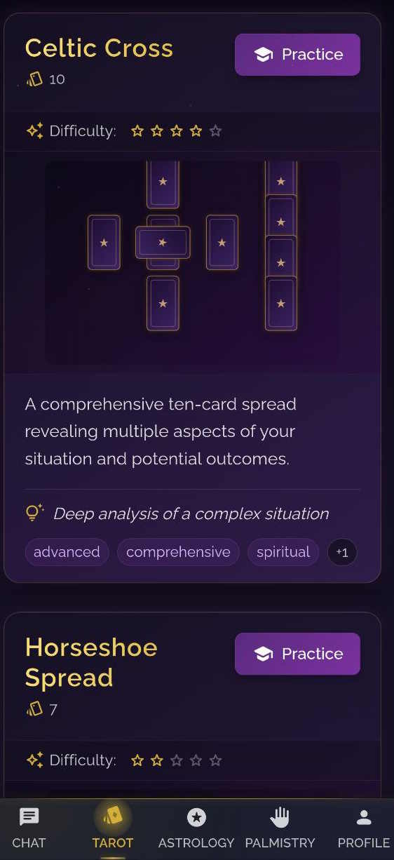 Interactive tarot card practice interface showing a three-card spread with detailed position meanings